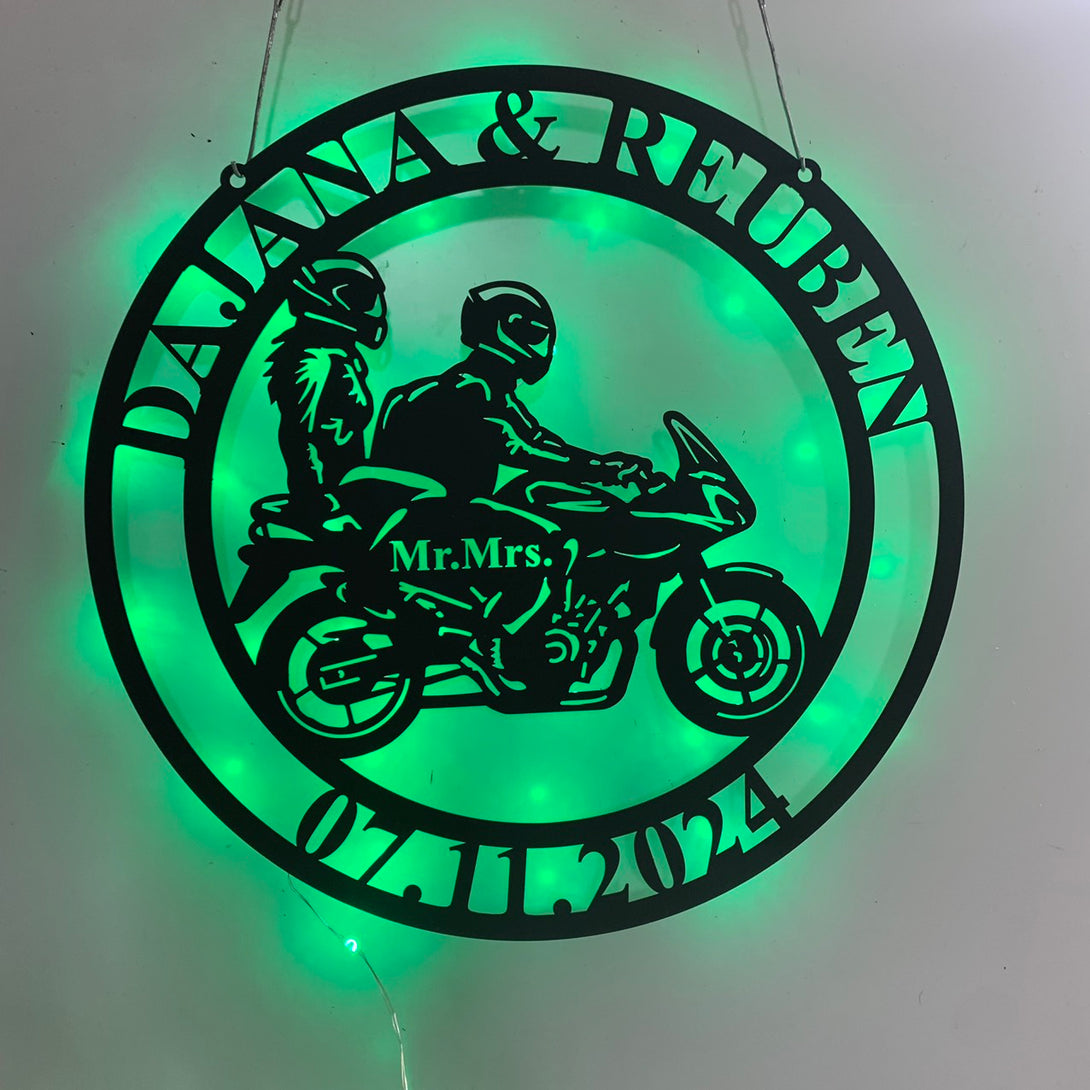 Custom Couple Motorcycle Monogram Metal Wall Art Led Lights, Personalized Couple Biker Metal Name Sign, Biker Couple Wedding Anniversary Metal Decor