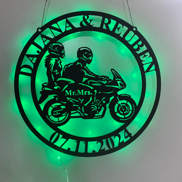 Custom Couple Motorcycle Monogram Metal Wall Art Led Lights, Personalized Couple Biker Metal Name Sign, Biker Couple Wedding Anniversary Metal Decor