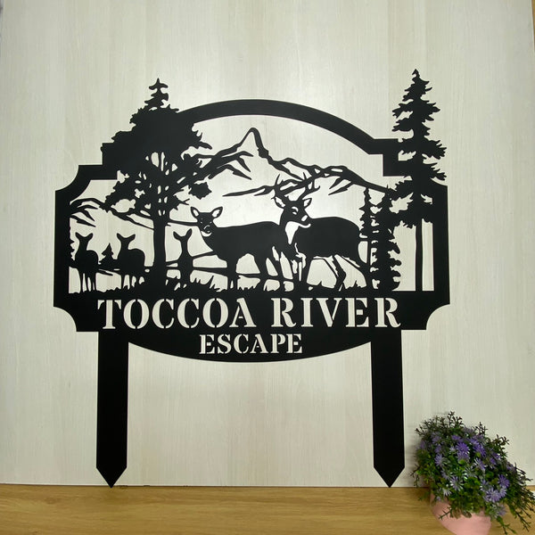 Personalized Mountain Forest Deer Metal Garden Stake, Wild Deer Hunting Yard Sign, Custom Family Name Metal Camping Sign, Hunting Cabin Outdoor Decor