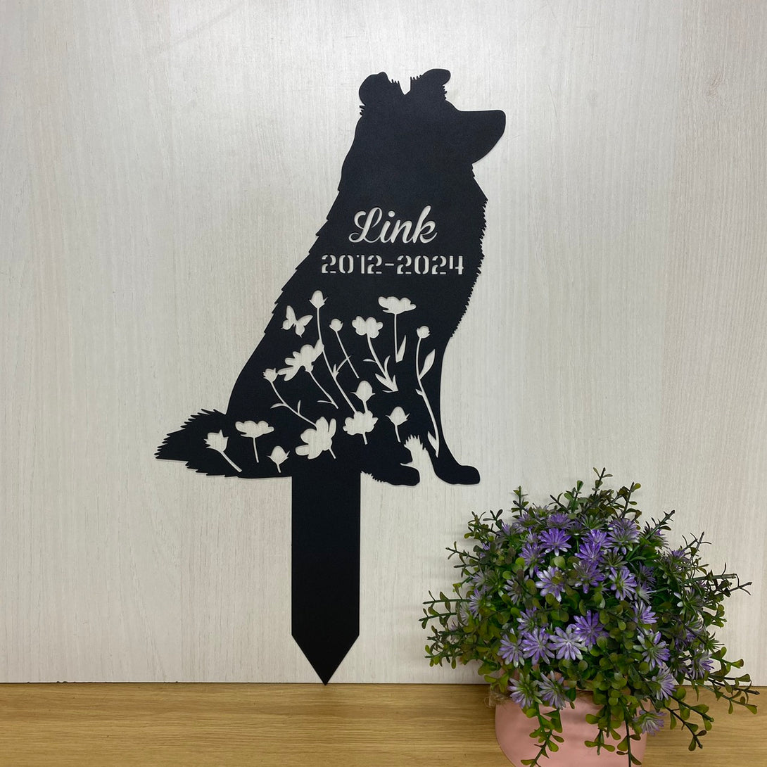 Custom Shetland Sheepdog Memorial Garden Stake, In Loving Memory Dog Metal Grave Marker, Pet Loss Remembrance Stake, Floral Dog Metal Yard Sign