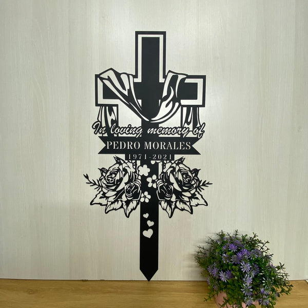Personalized Floral Cross Memorial Stake, In Loving Memory Custom Sympathy Signs, Cross Memorial Plaque With Stake, Metal Cross Remembrance Stake