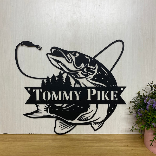 Custom Northern Pike Fish Metal Wall Art, Personalized Pike Fish Metal Name Sign, Pike Fishing Lakehouse Metal Sign, Fishing Man Cave Metal Wall Sign