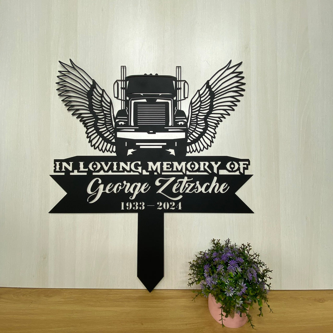 Custom Semi Truck Driver Memorial Metal Grave Marker, Semi Truck Angel Wings Metal Garden Stake, Personalized Semi Truck Memorial Metal Stakes