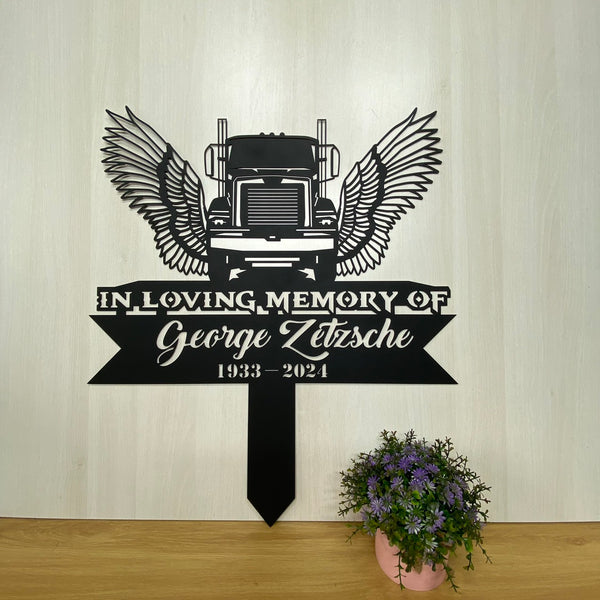 Custom Semi Truck Driver Memorial Metal Grave Marker, Semi Truck Angel Wings Metal Garden Stake, Personalized Semi Truck Memorial Metal Stakes