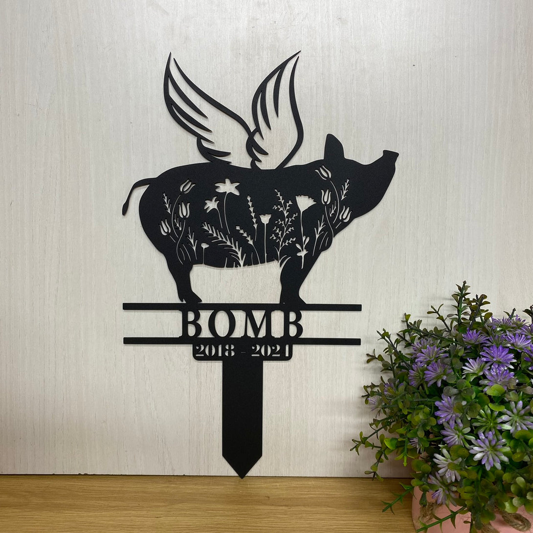 Custom Pig Memorial Metal Garden Stake, Personalized Pig With Wings Metal Yard Stake, Pig Loss Remembrance Stake, Farm Animal Metal Grave Marker
