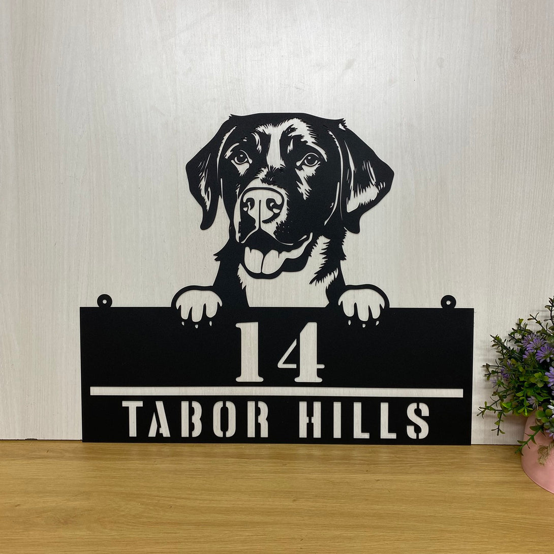 Personalized Labrador Dog Address Metal Sign, Custom Dog Metal Address House Number Wall Hanging, Dog Metal Front Porch Sign, Pet Name Metal Decor