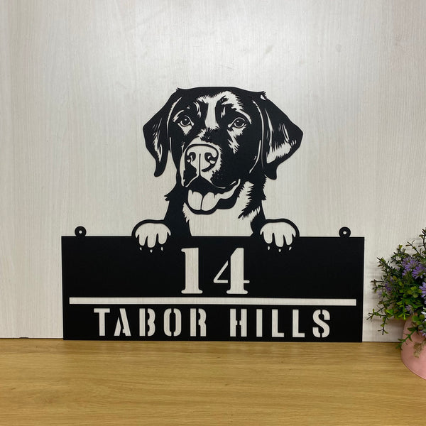 Personalized Labrador Dog Address Metal Sign, Custom Dog Metal Address House Number Wall Hanging, Dog Metal Front Porch Sign, Pet Name Metal Decor
