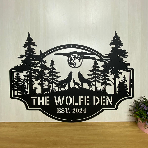 Personalized Howling Wolf Metal Ranch Sign, Custom Family Name Wolf Metal Sign, Wolf In Woods Metal Sign, Wildlife Forest Creek Ranch Metal Wall Art