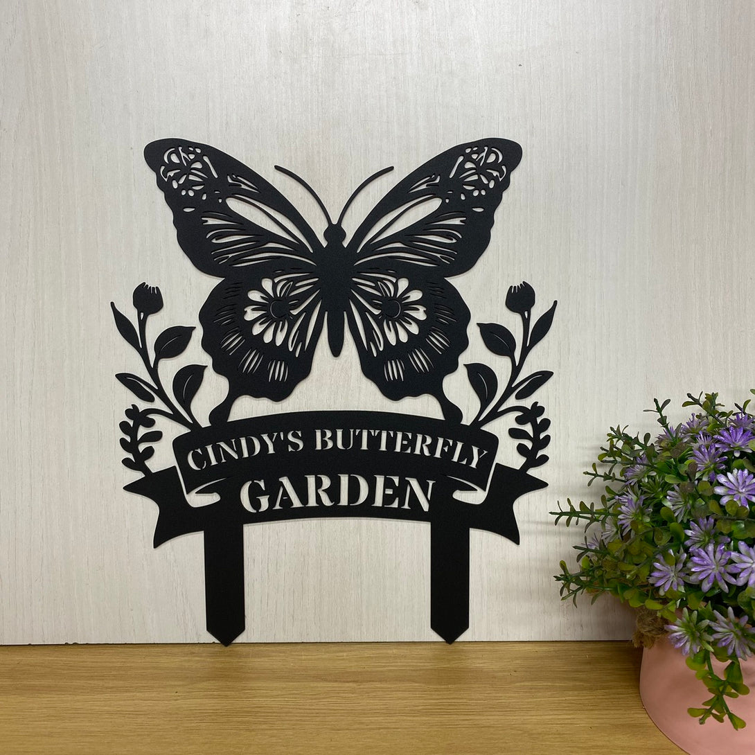 Custom Floral Butterfly Garden Metal Sign With Stake, Personalized Gardener Name Butterfly Metal Yard Sign, Flower Bed Sign, Metal Stake Garden Decor