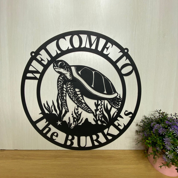 Personalized Sea Turtle Monogram Metal Name Sign, Coral Seaweed Sea Turtle Metal Wall Decor, Custom Sea Turtle Metal Wall Art, Turtle Beach House Sign