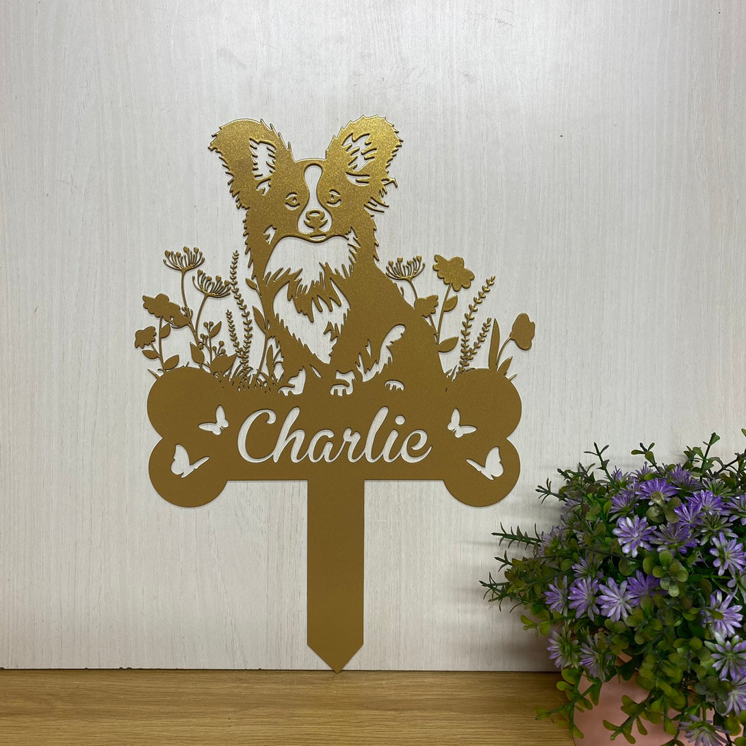 Personalized Papillon Dog Memorial Garden Stake, In Loving Memory Of Dog Metal Grave Marker, Pet Loss Remembrance Stake, Flowers Dog Metal Yard Sign