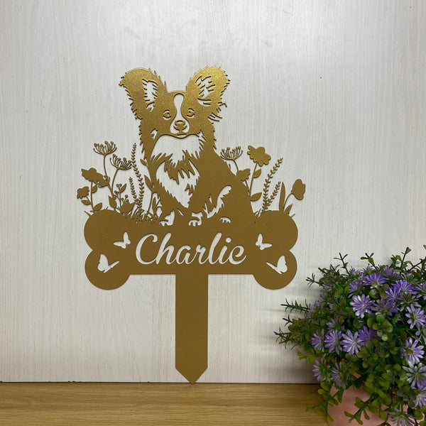 Personalized Papillon Dog Memorial Garden Stake, In Loving Memory Of Dog Metal Grave Marker, Pet Loss Remembrance Stake, Flowers Dog Metal Yard Sign