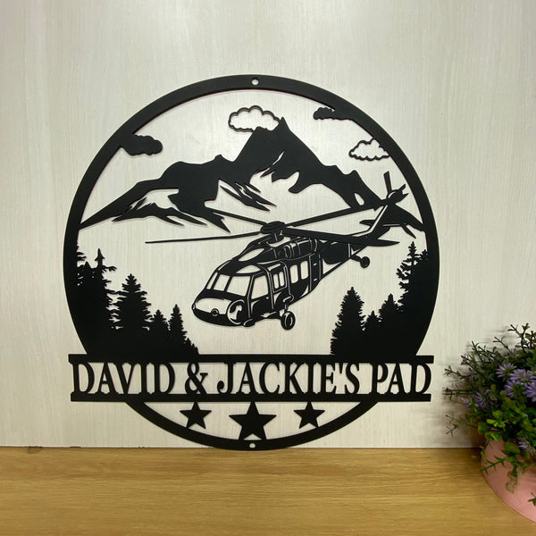 Custom Helicopter Metal Wall Hanging Art, Personalized Pilot Metal Name Sign, Blackhawk Helicopter Metal Sign, Helicopter Hangar Man Cave Sign