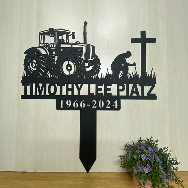 Custom Farm Tractor Memorial Metal Garden Stake, Custom Farmer Loss Metal Garve Maker, Farmer Kneeling At Cross Metal Plaque, Dad Loss Metal Stake