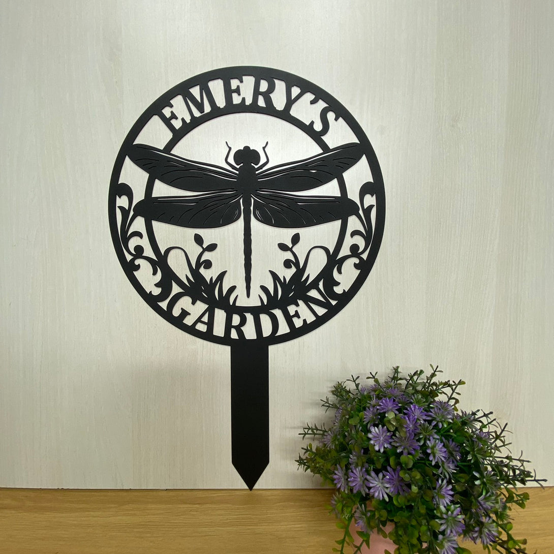 Custom Dragonfly Monogram Metal Garden Stake, Personalized Dragonfly Metal Yard Sign, Dragonfly Outdoor Metal Garden Decor, Outdoor Metal Grave Marker