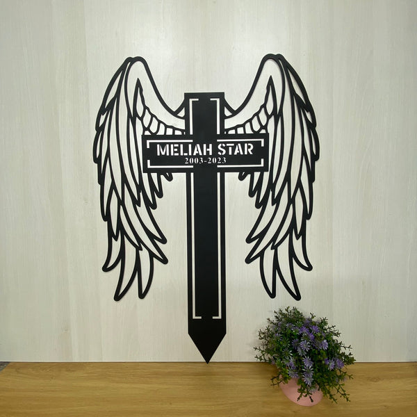 Custom Cross Angel Wings Memorial Stake, Metal Cross Grave Marker, Sympathy Metal Garden Stake, Loving Memory Metal Stake, Cross Remembrance Stake