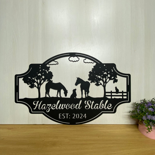 Custom Farmhouse Address Metal Wall Sign, Personalized Horse Ranch Metal Sign, Custom Family Name Entrance Sign, Horse Farm Metal Sign