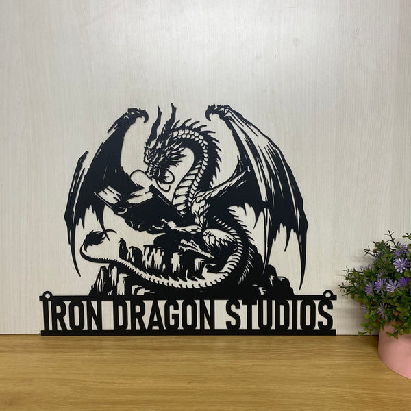 Personalized Dragon Reading Book Metal Wall Art, Custom Mythical Dragon Metal Sign, Dragon Lover Metal Home Decor, Mythologic Creature Metal Wall Sign