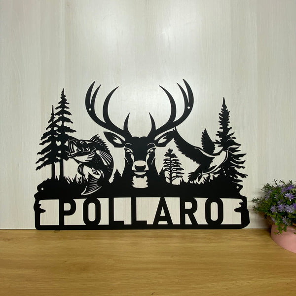Personalized Deer Duck Fish Hunting Metal Sign, Custom Hunter Fisherman Metal Name Sign, Wildlife Hunting Metal Sign Cabin Decor, Hunting Lodge Sign