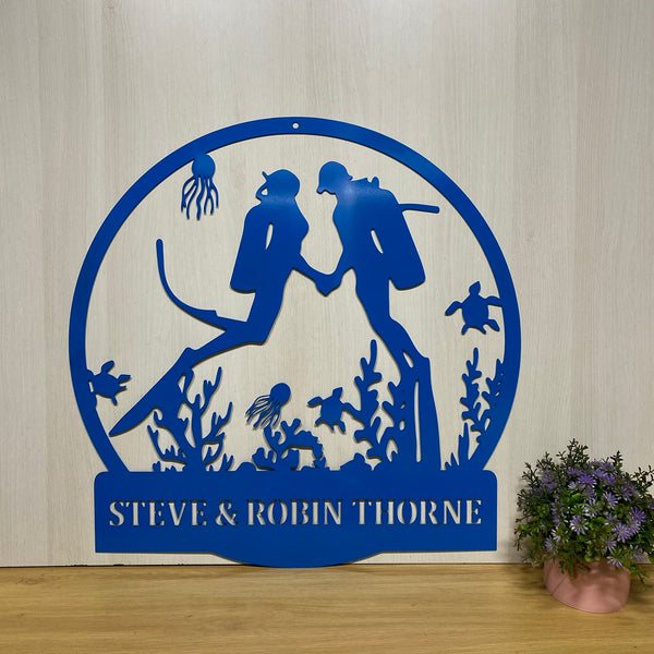 Personalized Scuba Diving Monogram Metal Wall Art, Custom Couple Scuba Diver Metal Name Sign, Diving Sport Metal Sign, Water Sport Metal Wall Hanging