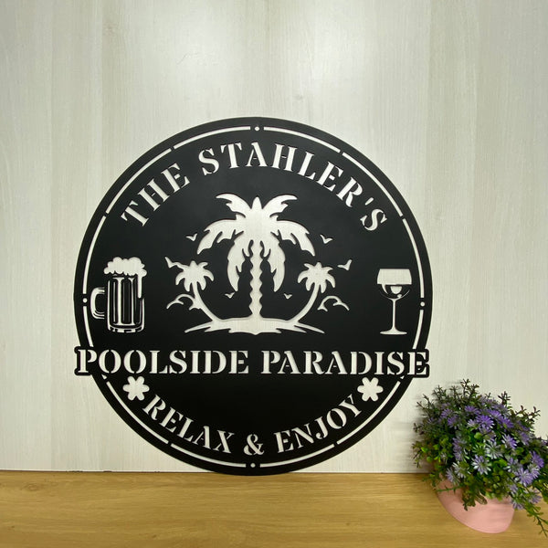 Custom Family Name Poolside Outdoor Metal Sign, Personalized Palm Tree Beach House Metal Name Sign, Poolside Patio Tiki Bar Metal Wall Outdoor Decor