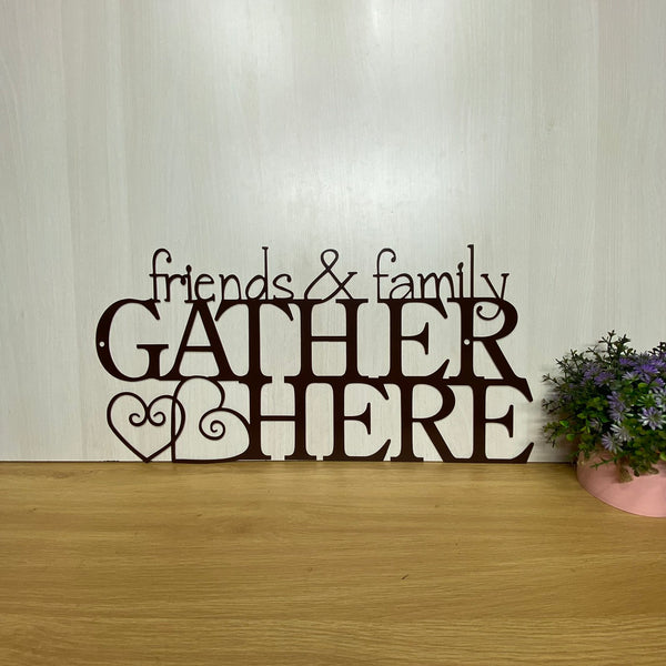 Friends & Family Gather Here Words Metal Sign, Friends & Family Gather Here Metal Wall Hanging Sign, Home Kitchen Housewarming Metal Wall Art Decor