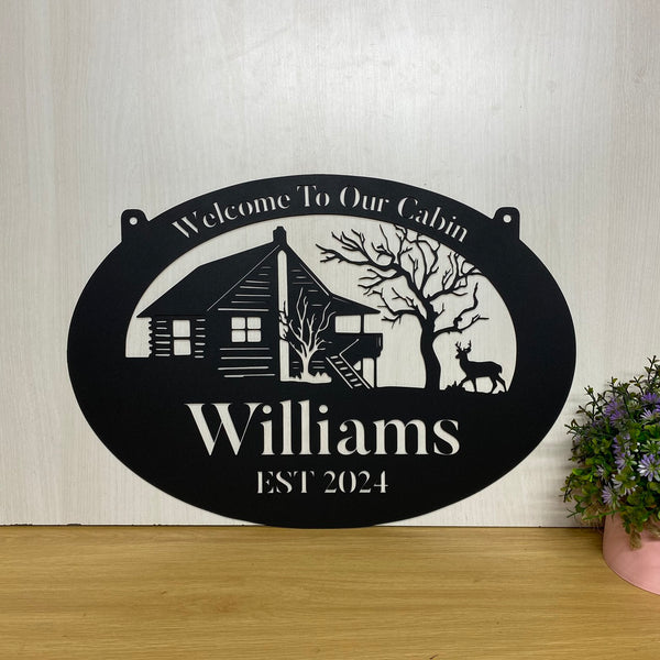 Personalized Cabin Man Cave Metal Wall Art, Custom Family Name Metal Sign, Metal Cabin Forest Camping Sign, Outdoor Hunting Cabin Metal Wall Sign