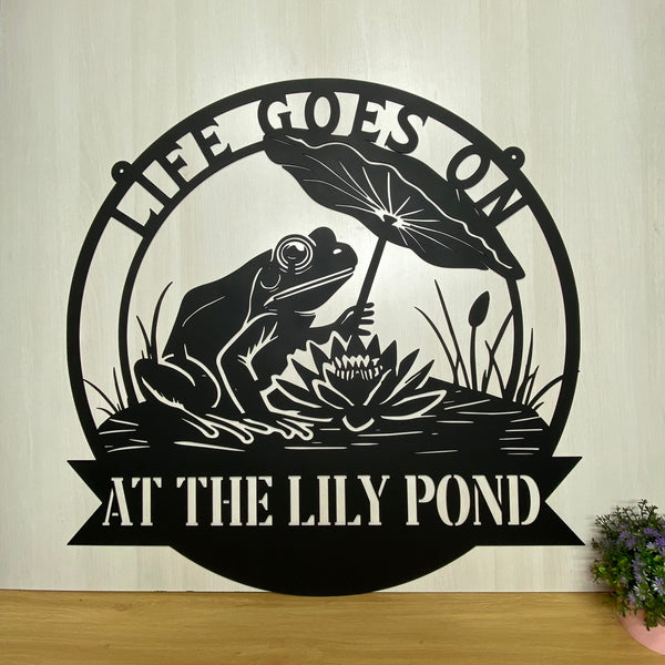 Custom Frog Lotus Pond Metal Wall Art, Metal Frog Wall Hanging Sign Garden Decor, Personalized Frog Pond Lake House Metal Sign, Frog Metal Name Sign