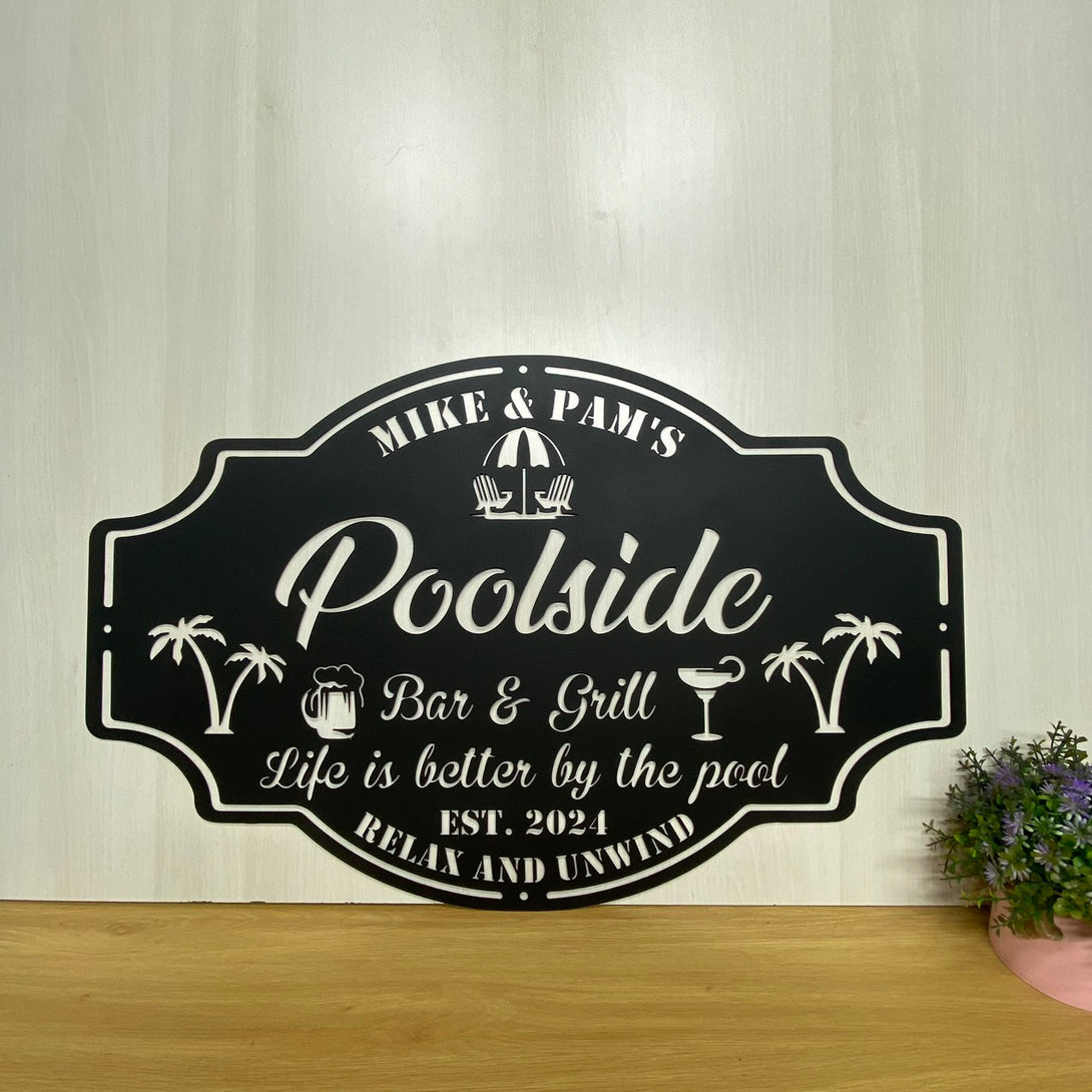 Personalized Poolside & Patio Metal Wall Art, Custom Poolside Drink Bar Metal Name Sign, Swimming Pool Patio Metal Sign, Poolside Outdoor Metal Decor