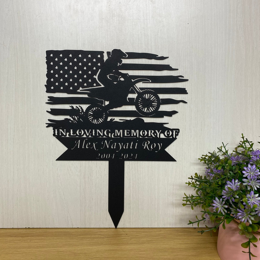 Custom Us Flag Motorcycle Memorial Metal Stake, Loving Memory Biker Metal Garden Stake, Motorbiker Metal Grave Marker, Motorcycle Sympathy Metal Sign