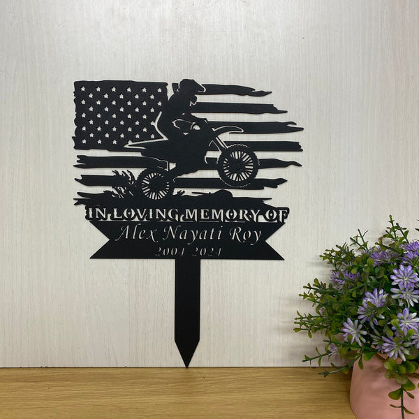 Custom Us Flag Motorcycle Memorial Metal Stake, Loving Memory Biker Metal Garden Stake, Motorbiker Metal Grave Marker, Motorcycle Sympathy Metal Sign