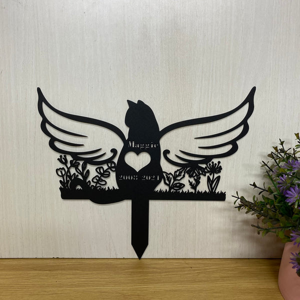 Custom Cat With Wings Memorial Garden Stake, Flower Angel Cat Metal Garden Stake, Personalized Name Cat Metal Yard Sign, Cat Loss Metal Grave Marker