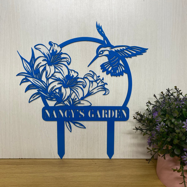 Personalized Hummingbird Metal Garden Stake, Custom Your Garden Metal Sign, Bird With Lily Flower Metal Yard Stake, Garden Outdoor Metal Sign Decor