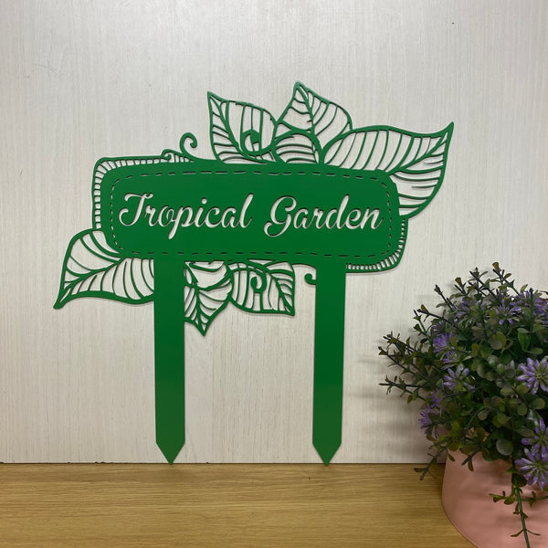 Personalized Garden Metal Stake With Tropical Leaves, Custom Your Garden Stake, Metal Garden Sign, Gardener Metal Name Sign, Metal Stake Yard Decor
