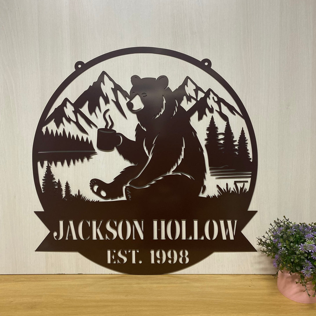 Custom Drinking Bear Outdoor Metal Sign, Bear & Coffee Metal Cabin Sign, Wild Bear Family Name Metal Cabin Sign, Cozy Cabin Metal Wall Hanging Decor