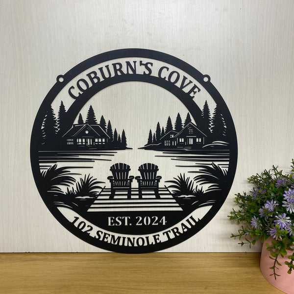 Personalized Cabin Lake House Metal Sign, Lake House Front Porch Address Metal Sign, Custom Lake House Name Sign, Forest Lake Scene Camping Sign