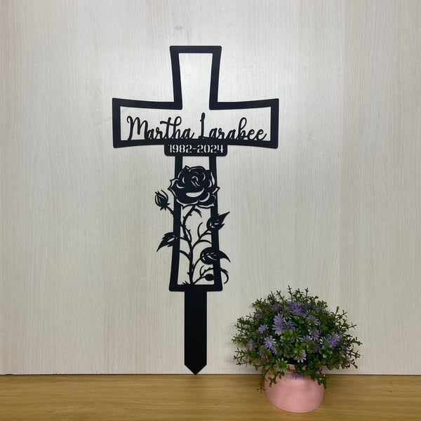 Personalized Cross With Rose Metal Yard Stake, Custom Cross Grave Marker Metal Garden Stake, Memorial Cross Metal Garden Sign, Sympathy Sign