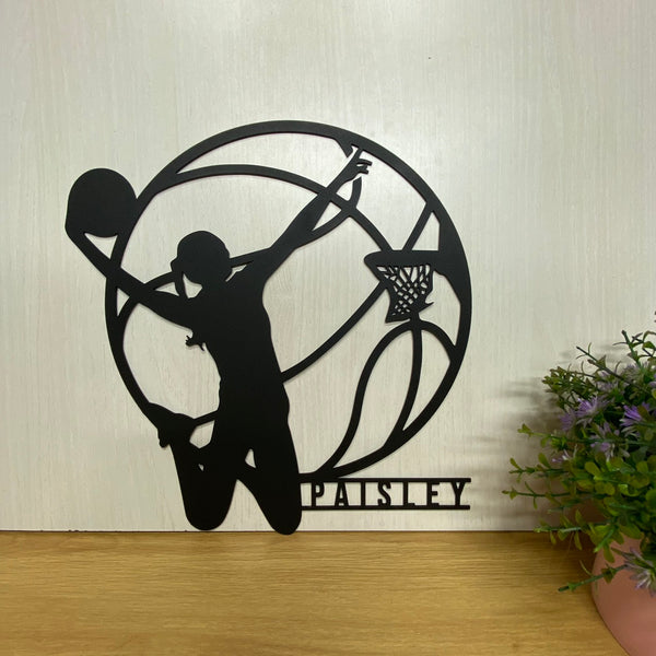 Personalized Female Basketball Dunk Metal Wall Art, Custom Name Basketball Player Metal Sign, Basketball Sports Kids Room Metal Wall Decor