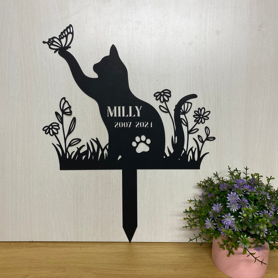 Custom Name Cat Memorial Metal Stake, Personalized Cat Name Metal Yard Sign, Metal Cat With Butterfly Garden Stake, Cat Loss Metal Garden Sign