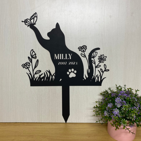 Custom Name Cat Memorial Metal Stake, Personalized Cat Name Metal Yard Sign, Metal Cat With Butterfly Garden Stake, Cat Loss Metal Garden Sign