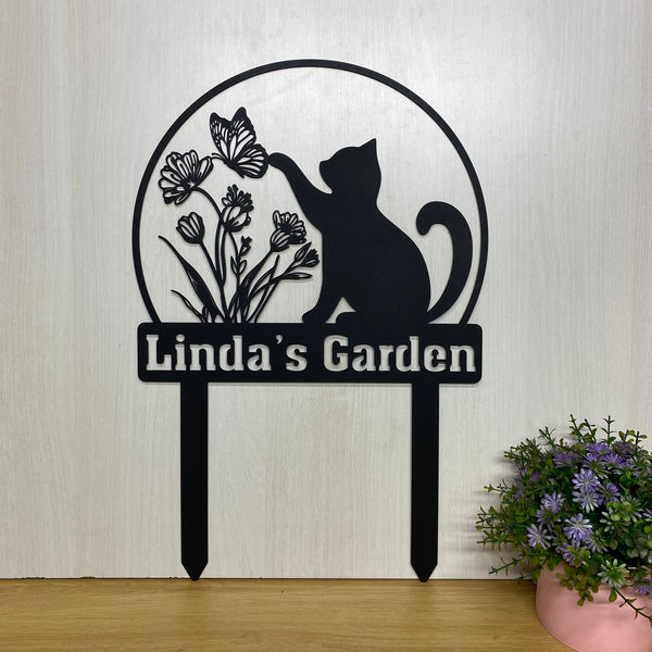 Custom Cat With Butterfly Metal Garden Stake, Cat Flowers Metal Plaque With Stake, Cat Lover Metal Yard Sign, Cat Garden Stake Metal Outdoor Decor