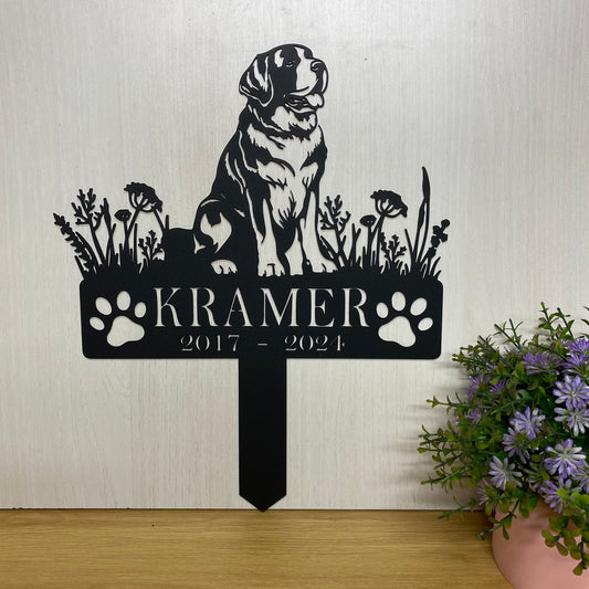 Personalized St. Bernard Dog Memorial Sign With Stake, Custom Flowers St. Bernard Dog Grave Marker, Dog Metal Yard Sign, Pet Loss Metal Garden Stake