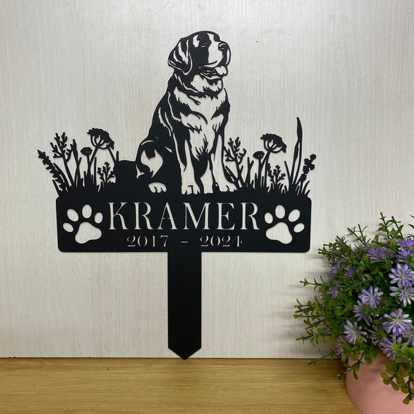 Personalized St. Bernard Dog Memorial Sign With Stake, Custom Flowers St. Bernard Dog Grave Marker, Dog Metal Yard Sign, Pet Loss Metal Garden Stake