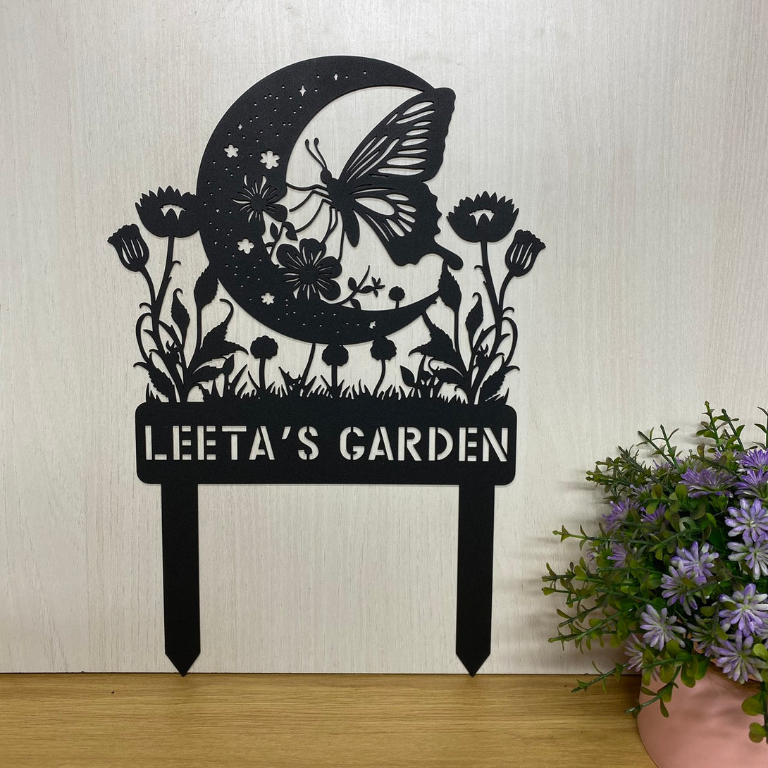 Personalized Butterfly Crescent Moon Metal Garden Stake, Custom Your Garden Metal Sign, Butterfly With Flower Metal Yard Sign With Stake Outdoor Decor