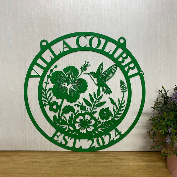 Custom Hummingbird With Flower Garden Metal Wall Art, Personalized Flower Garden Metal Name Sign, Bird With Flowers Monogram Metal Wall Sign Decor
