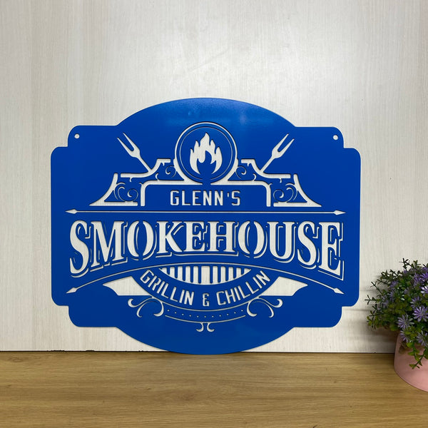 Custom Smokehouse Grill Bar Backyard Metal Sign, Personalized Barbecue Metal Wall Art, Grill & Chill Metal Wall Sign Decor, Patio Backyard Metal Signs