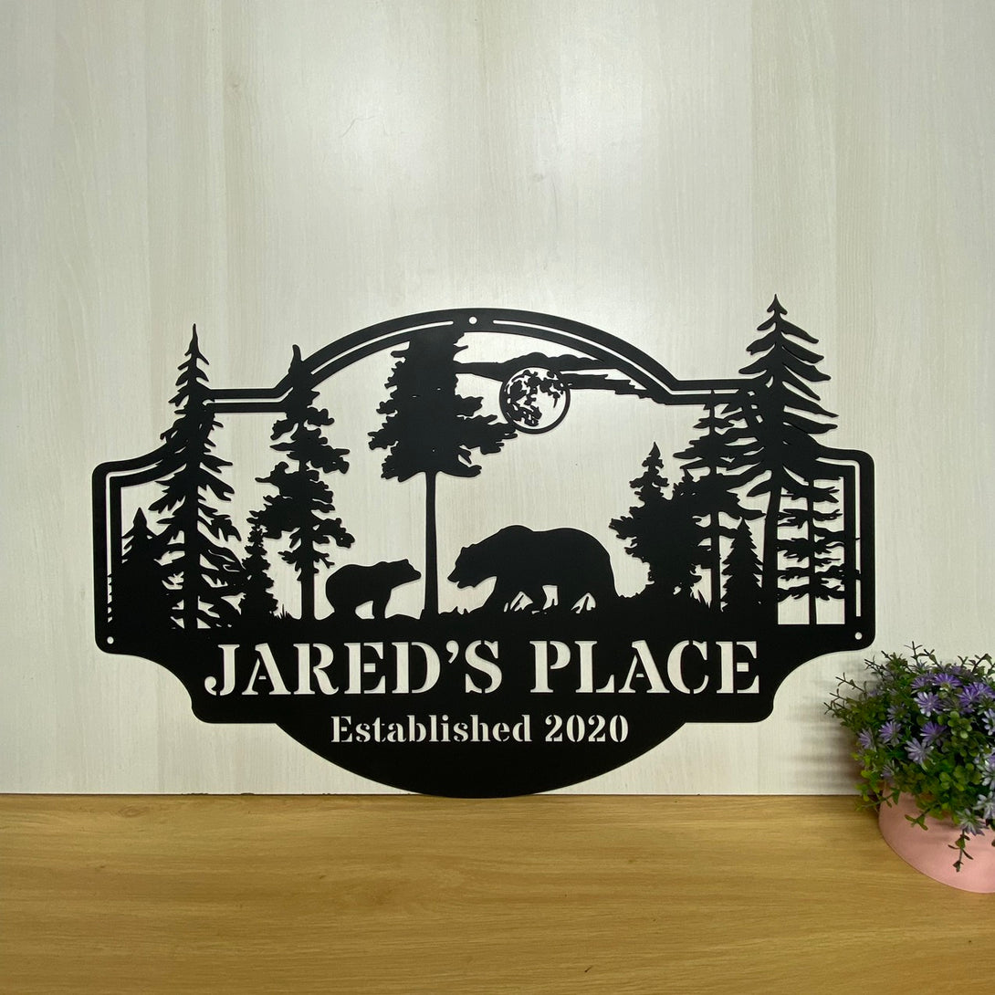 Personalized Bears In Woods Metal Sign, Custom Family Name Forest Bear Metal Decor, Custom Wild Bear Metal Name Sign, Bear Man Cave Metal Sign