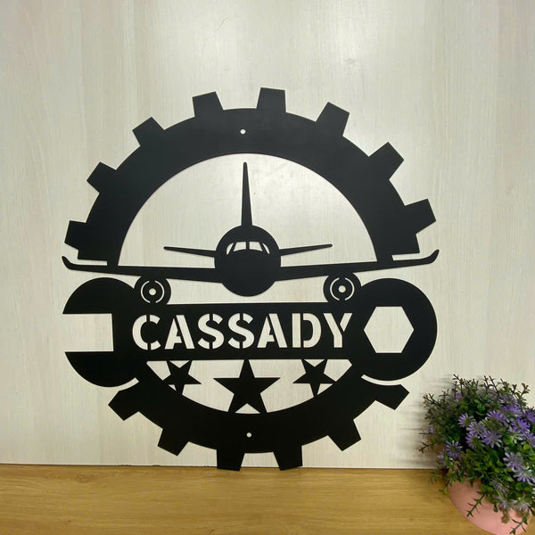 Personalized Aircraft Mechanic Metal Wall Art, Custom Name Aircraft Mechanic Monogram Sign, Airplane Hangar Mancave Metal Wall Sign Decor