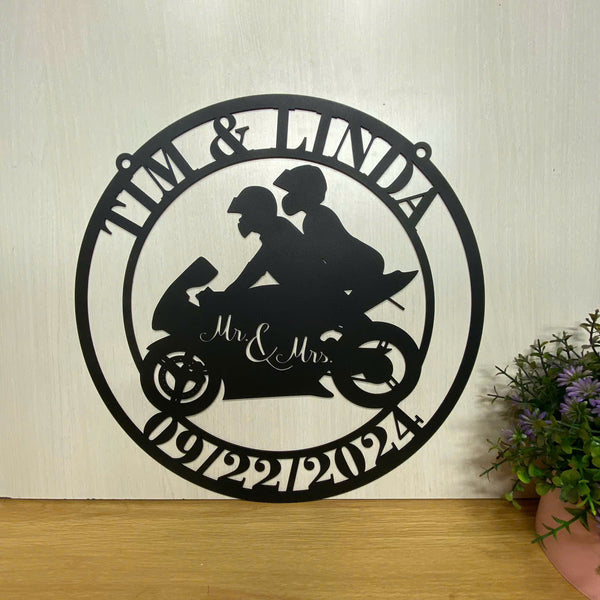 Custom Couple Motorcycle Monogram Metal Wall Sign, Personalized Biker Couple Names Metal Wall Art, Motorcycle Lovers Anniversary Metal Sign Decor