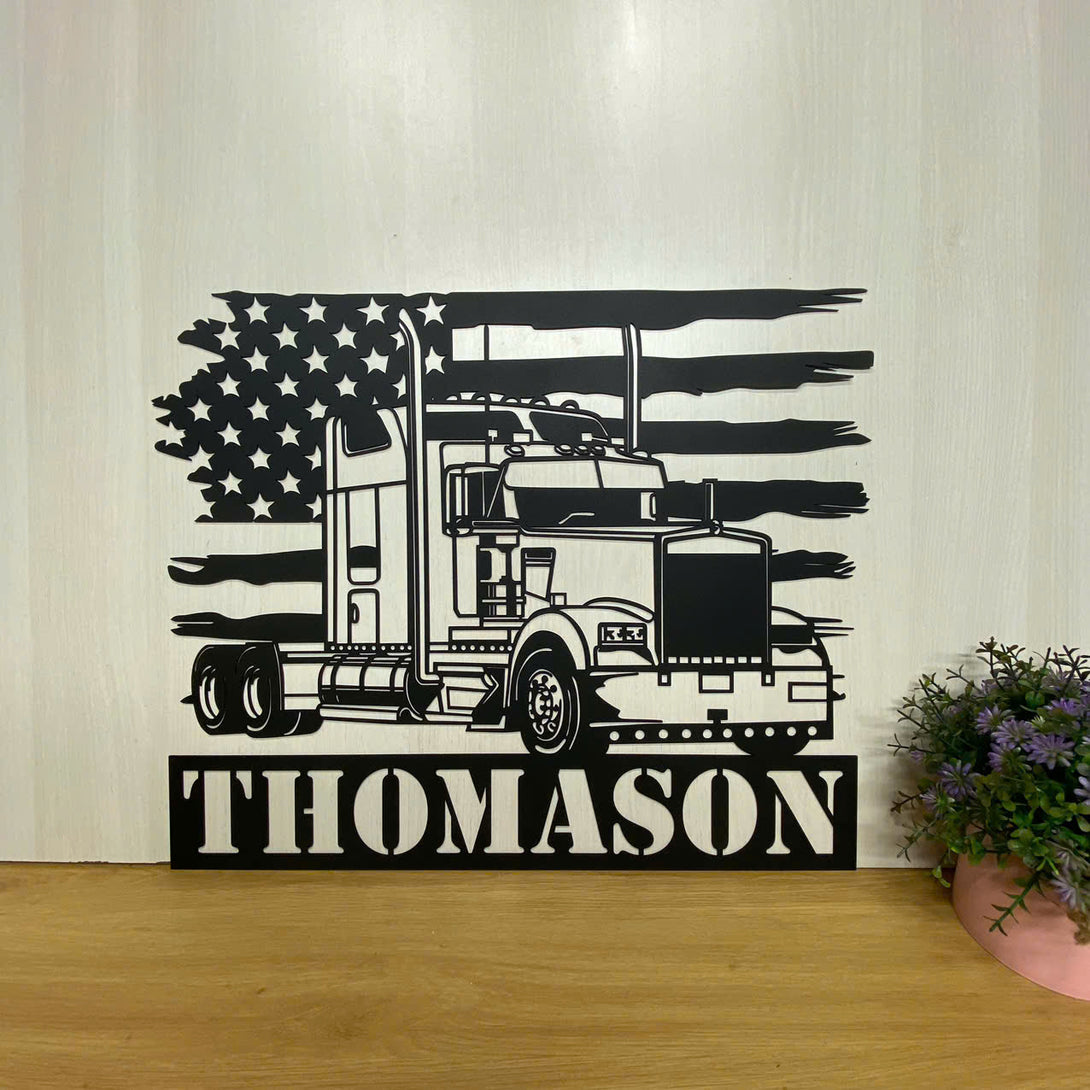 Personalized Us Flag Semi-trailer Truck Metal Wall Art, Custom Semi Truck Metal Sign, Semi Truck Garage Sign, Semi-trailer Man Cave Metal Wall Hanging